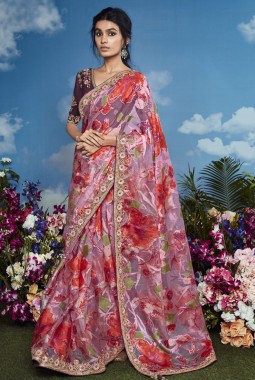 Pink Brasso Multi Color Flower Pattern Festival Wear Saree