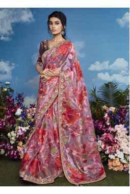 Pink Brasso Multi Color Flower Pattern Festival Wear Saree