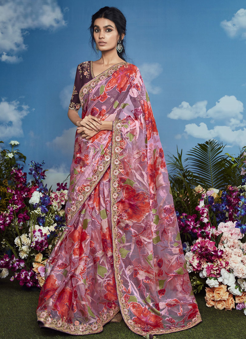 Pink Brasso Multi Color Flower Pattern Festival Wear Saree