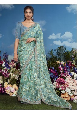 Blue Brasso Heavy Embroidered Festival Wear Saree