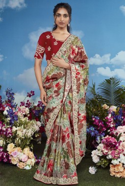 Multi Color Brasso Embroidered Festival Wear Saree