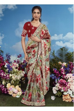 Multi Color Brasso Embroidered Festival Wear Saree