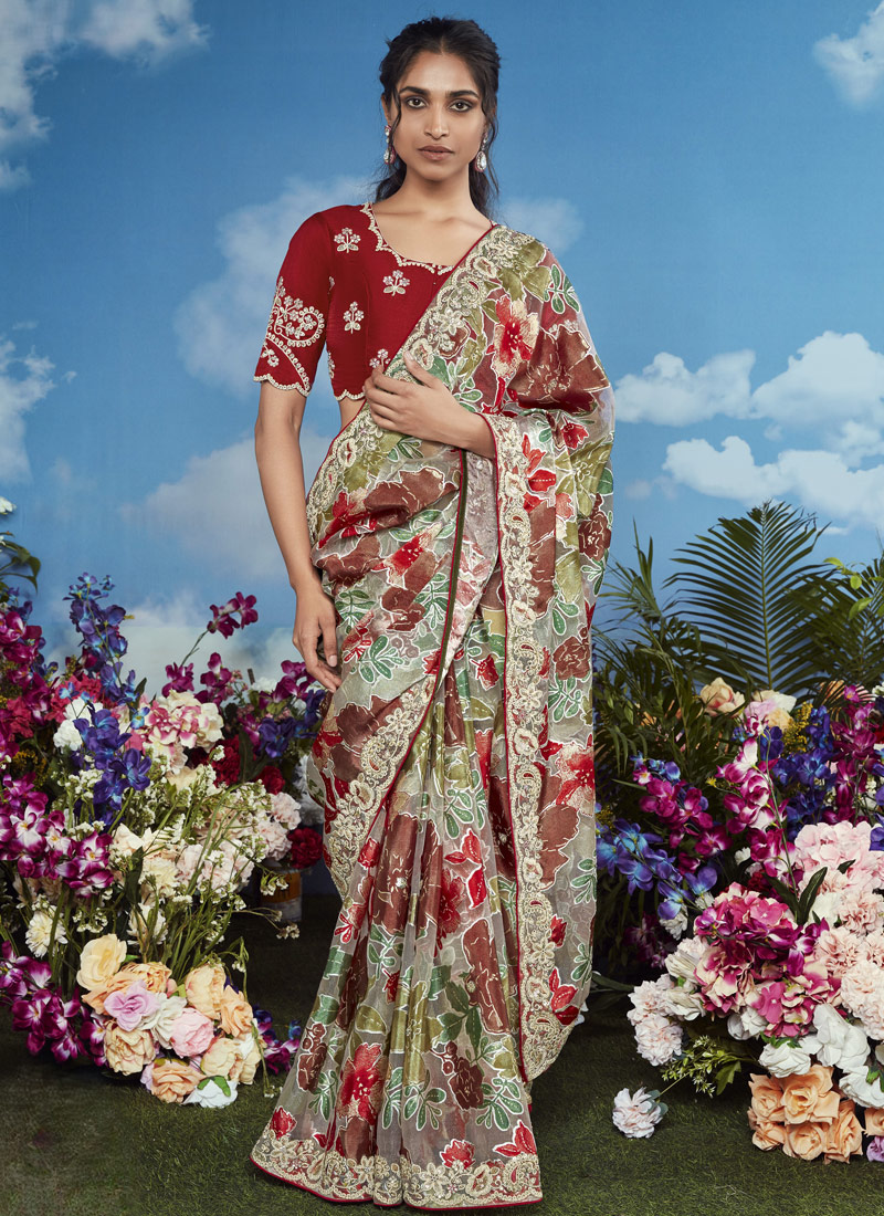 Multi Color Brasso Embroidered Festival Wear Saree