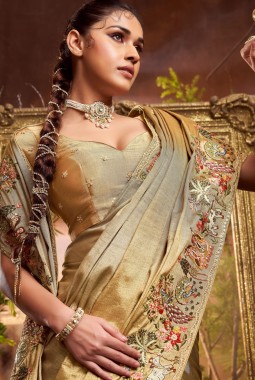 Cream Pure Viscose Silk Hand Work Wedding Saree