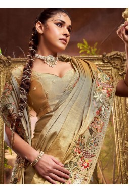 Cream Pure Viscose Silk Hand Work Wedding Saree