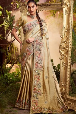 Cream Pure Viscose Silk Hand Work Wedding Saree
