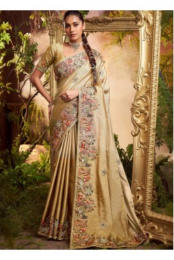 Cream Pure Viscose Silk Hand Work Wedding Saree