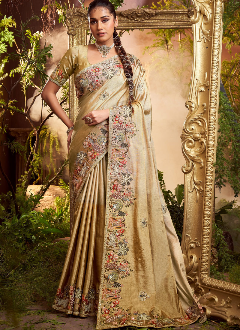 Cream Pure Viscose Silk Hand Work Wedding Saree