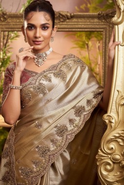 Golden Pure Viscose Silk Hand Work Kanchipuram Saree