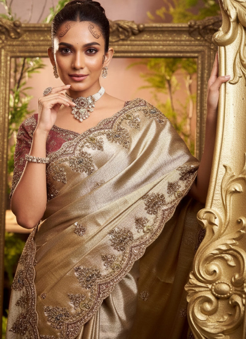 Golden Pure Viscose Silk Hand Work Kanchipuram Saree