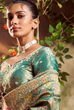 Sea Green Pure Viscose Silk Hand Work Kanchipuram Saree