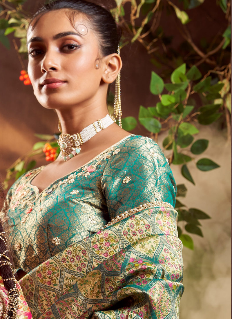 Sea Green Pure Viscose Silk Hand Work Kanchipuram Saree