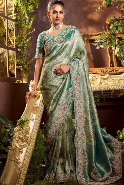Sea Green Pure Viscose Silk Hand Work Kanchipuram Saree