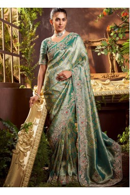 Sea Green Pure Viscose Silk Hand Work Kanchipuram Saree