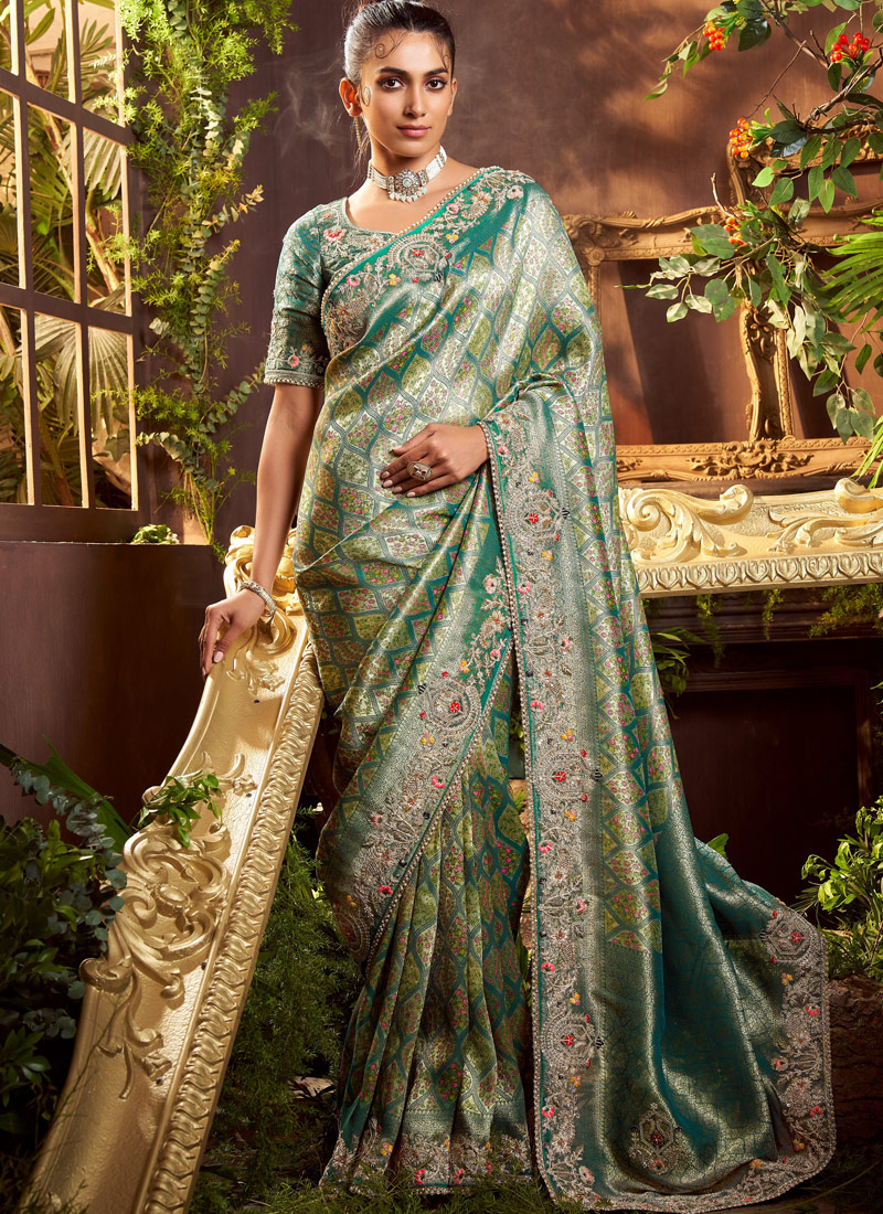 Sea Green Pure Viscose Silk Hand Work Kanchipuram Saree
