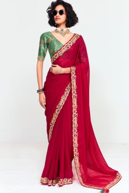 Red Fancy Thread Embroidered Party Wear Saree
