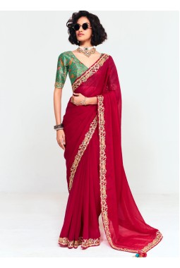 Red Fancy Thread Embroidered Party Wear Saree