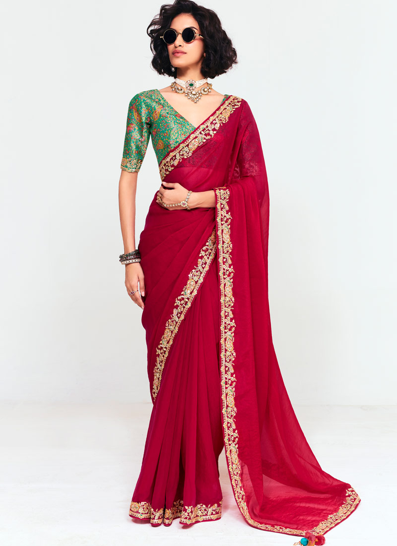 Red Fancy Thread Embroidered Party Wear Saree