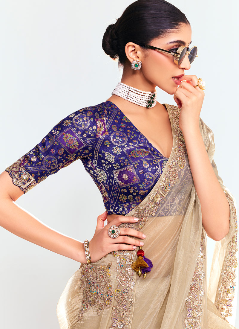 Beige Fancy Sequins Embroidered Party Wear Saree