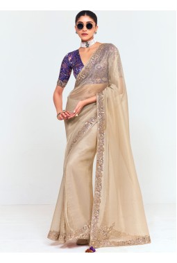 Beige Fancy Sequins Embroidered Party Wear Saree