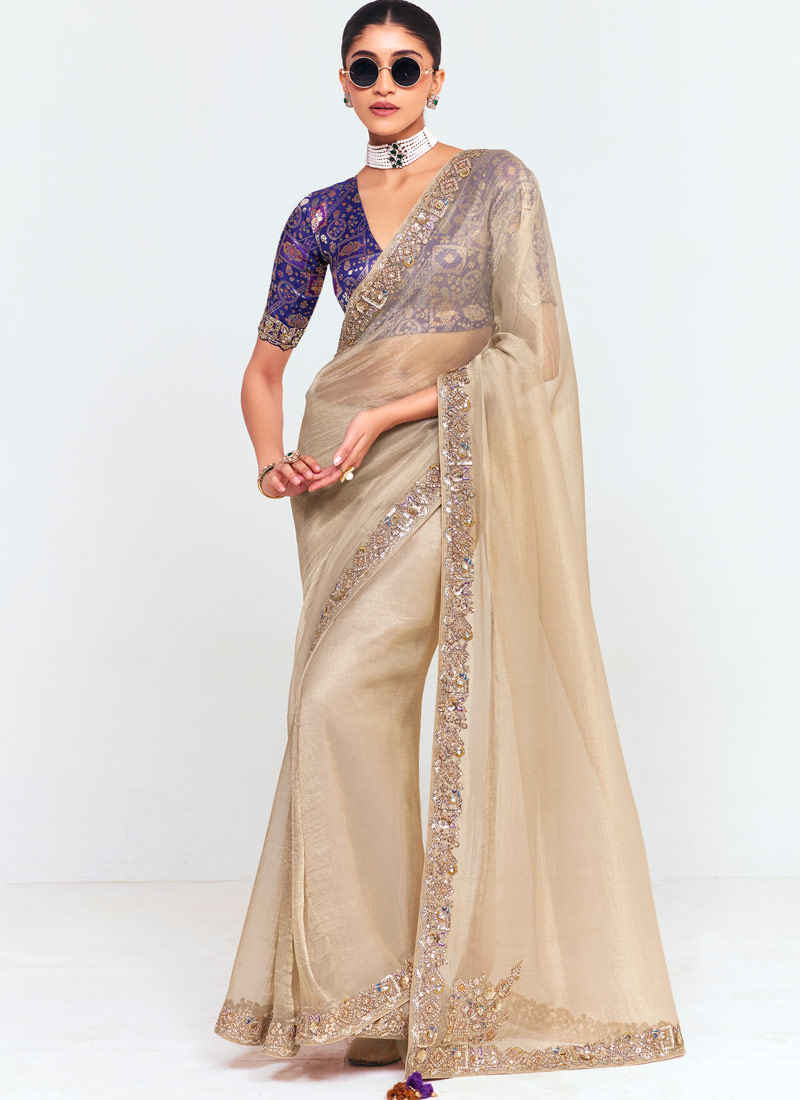 Beige Fancy Sequins Embroidered Party Wear Saree