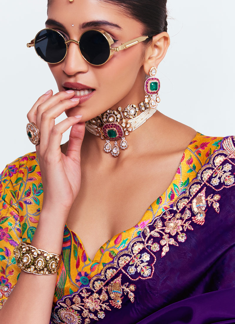 Purple Fancy Butti Embroidered Party Wear Saree