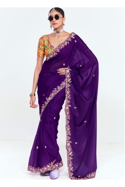 Purple Fancy Butti Embroidered Party Wear Saree