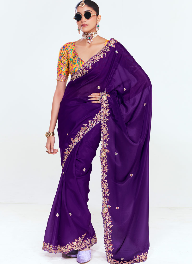 Purple Fancy Butti Embroidered Party Wear Saree