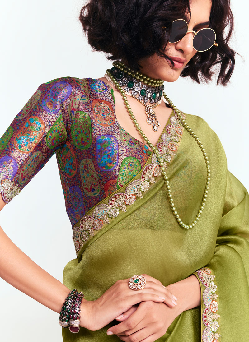 Green Fancy Thread Embroidered Party Wear Saree