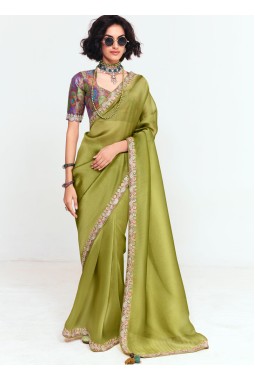 Green Fancy Thread Embroidered Party Wear Saree