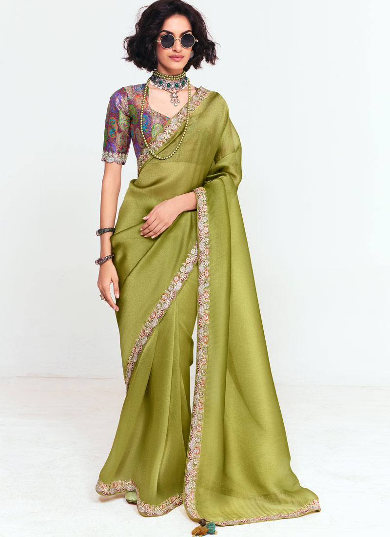 Green Fancy Thread Embroidered Party Wear Saree