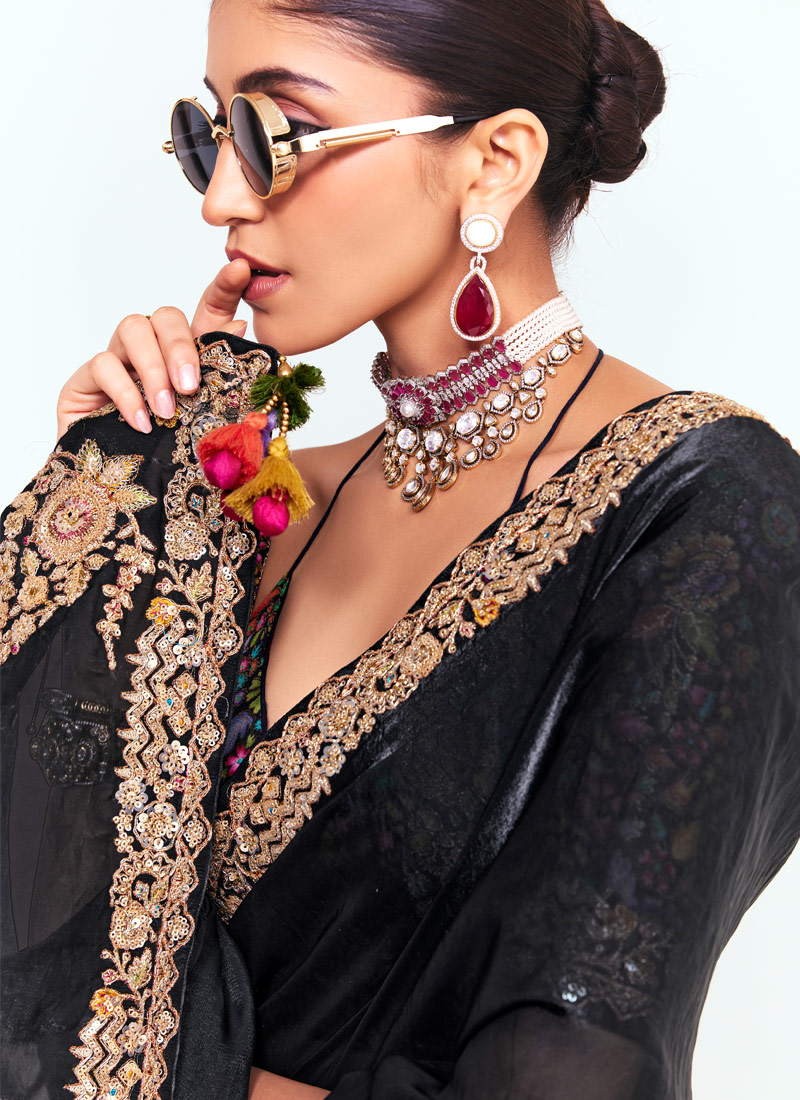 Black Fancy Sequins Embroidered Party Wear Saree