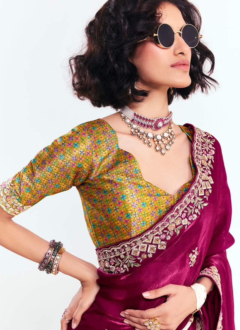 Magenta Fancy Butti Embroidered Party Wear Saree