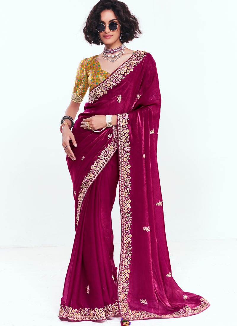 Magenta Fancy Butti Embroidered Party Wear Saree