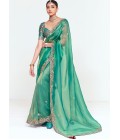 Sea Green Fancy Thread Embroidered Party Wear Saree