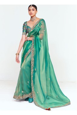 Sea Green Fancy Thread Embroidered Party Wear Saree