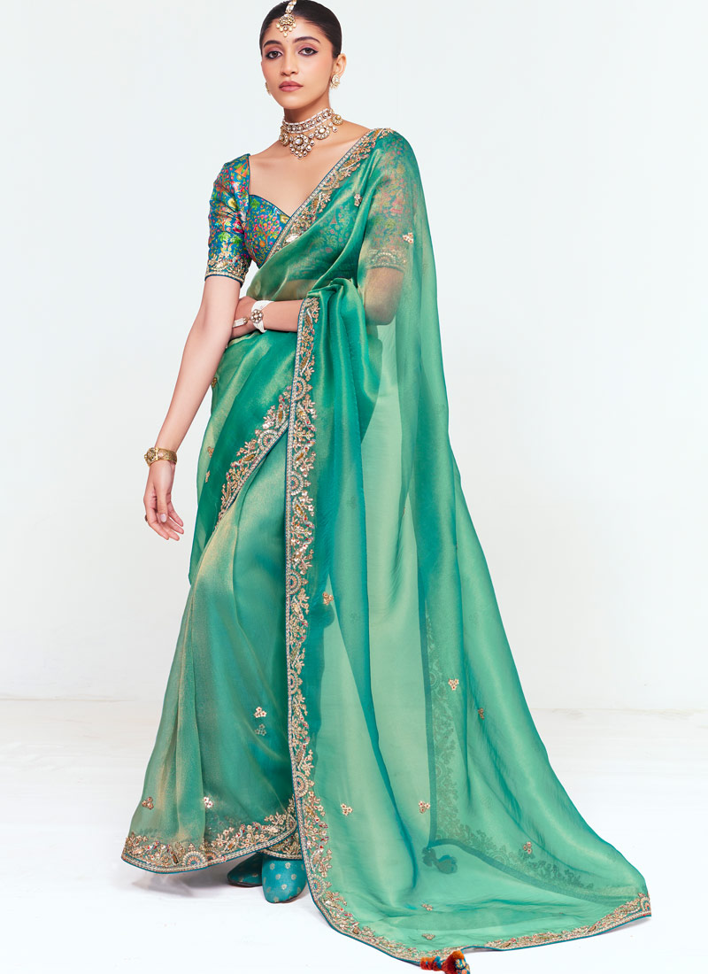 Sea Green Fancy Thread Embroidered Party Wear Saree
