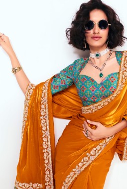 Mustard Fancy Sequins Embroidered Party Wear Saree