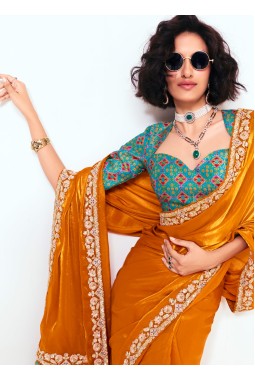 Mustard Fancy Sequins Embroidered Party Wear Saree