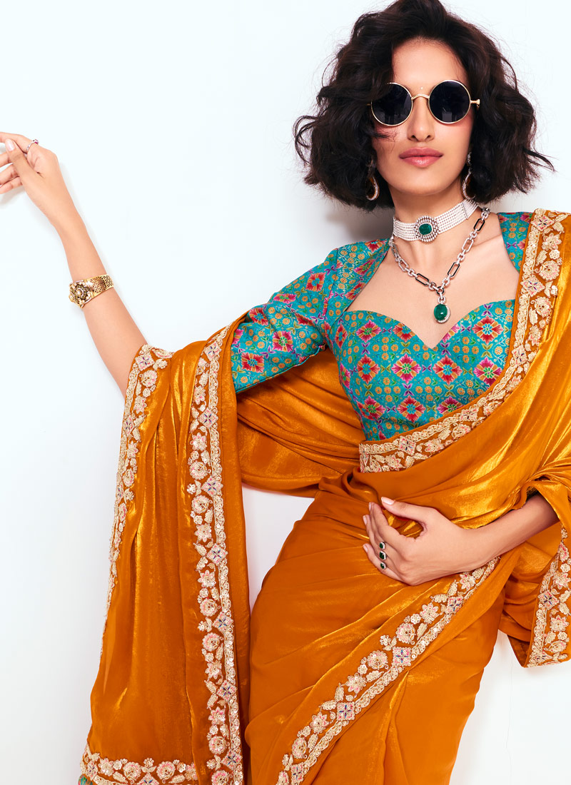 Mustard Fancy Sequins Embroidered Party Wear Saree