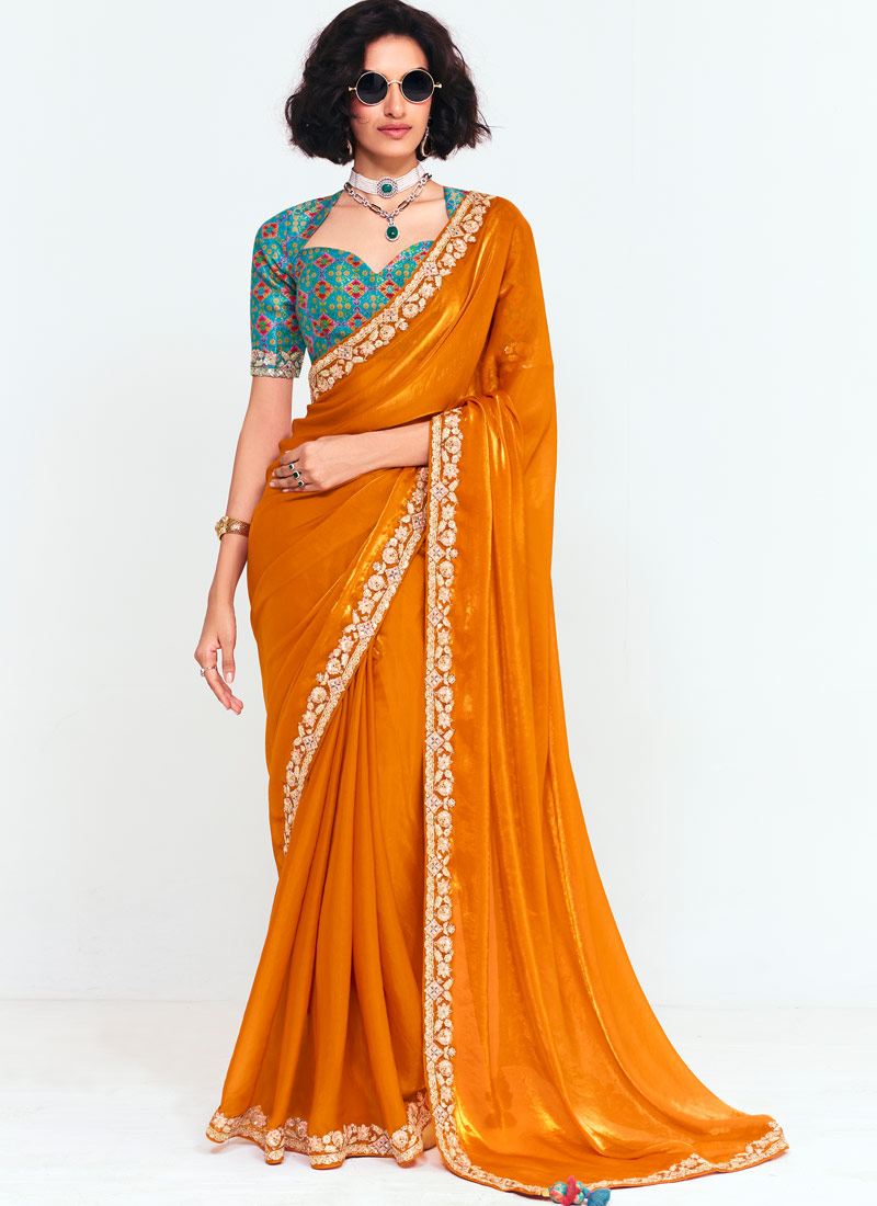 Mustard Fancy Sequins Embroidered Party Wear Saree