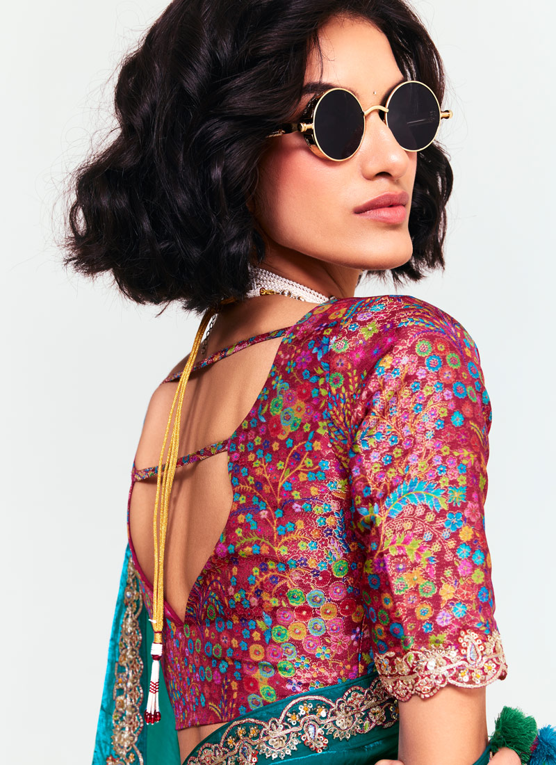 Teal Fancy Butti Embroidered Party Wear Saree