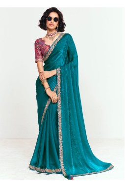 Teal Fancy Butti Embroidered Party Wear Saree