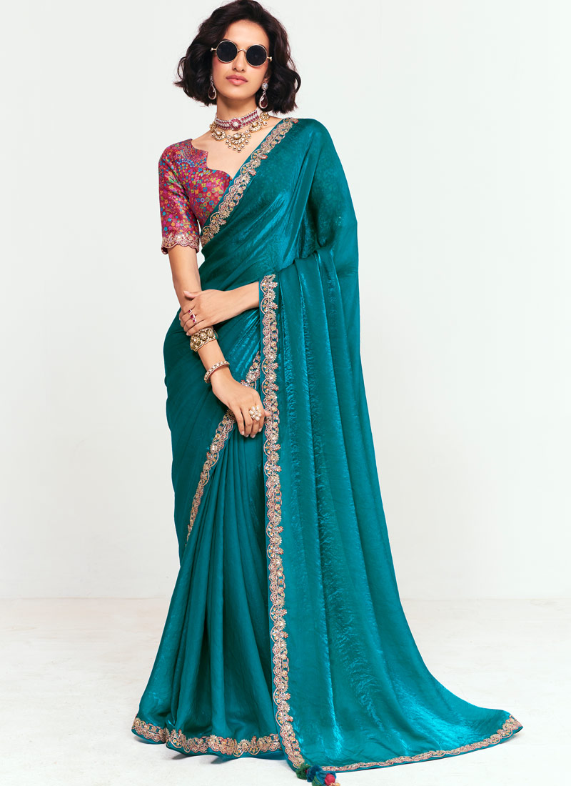 Teal Fancy Butti Embroidered Party Wear Saree