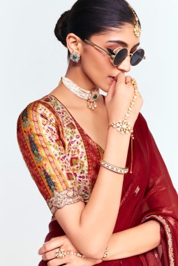 Maroon Fancy Thread Embroidered Party Wear Saree