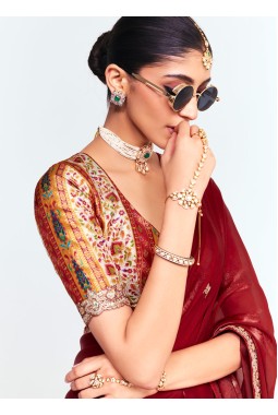 Maroon Fancy Thread Embroidered Party Wear Saree