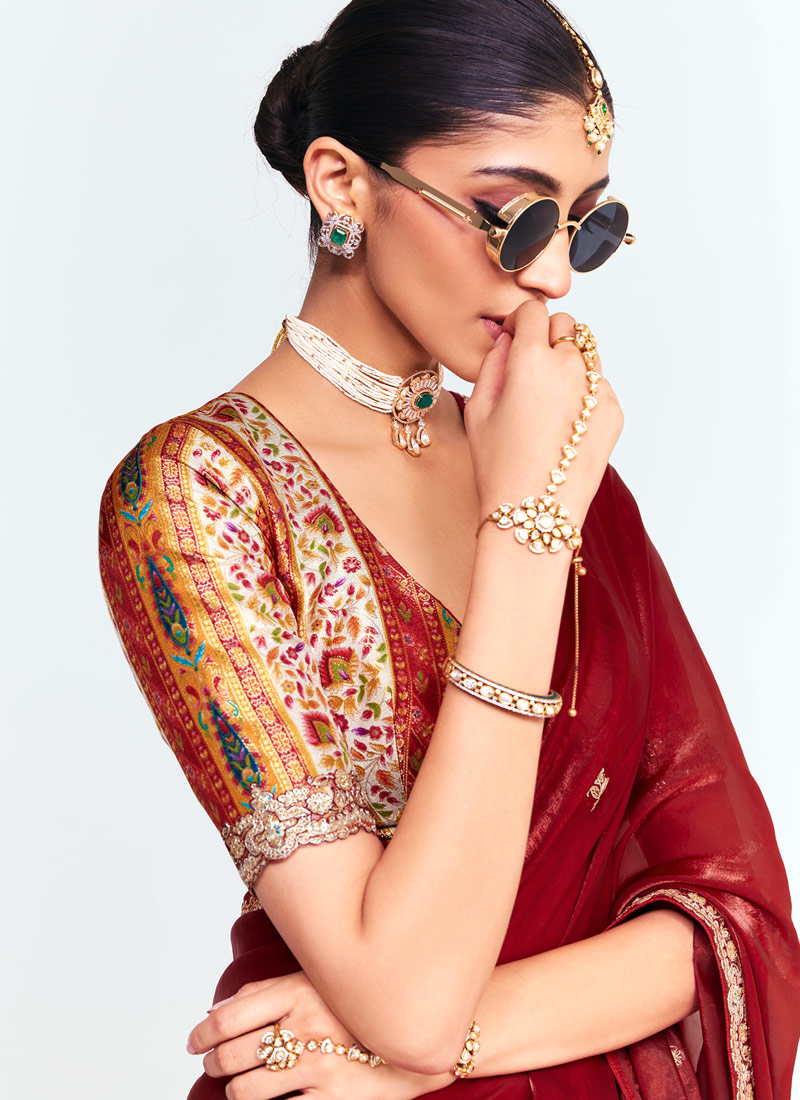 Maroon Fancy Thread Embroidered Party Wear Saree