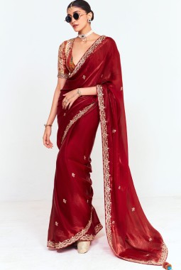 Maroon Fancy Thread Embroidered Party Wear Saree