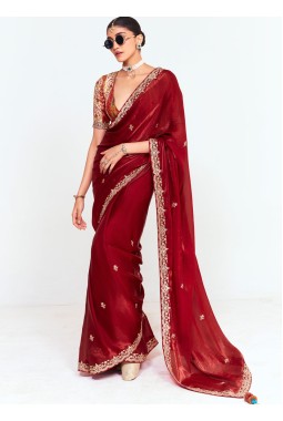 Maroon Fancy Thread Embroidered Party Wear Saree