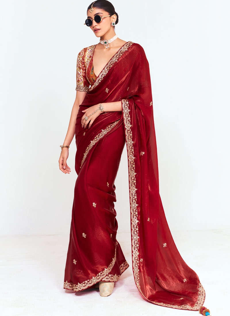 Maroon Fancy Thread Embroidered Party Wear Saree